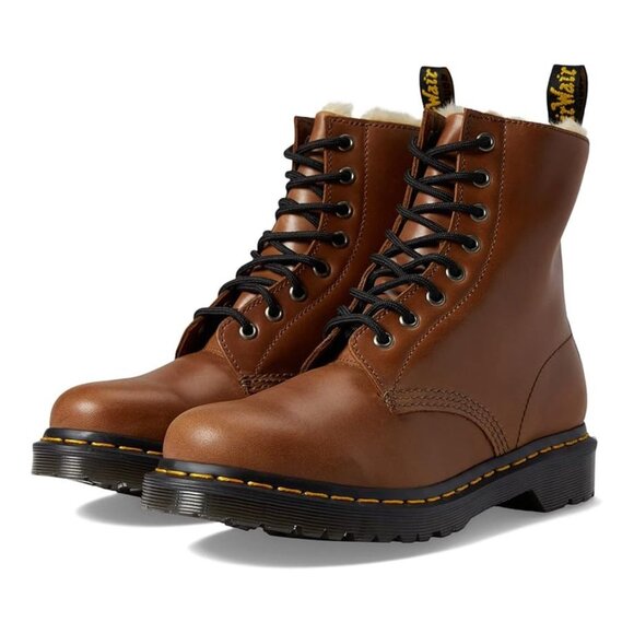 Dr. Martens Shoes 1460 Serena Saddle Tan Farrier Faux Fur Lined Lace Up Boots